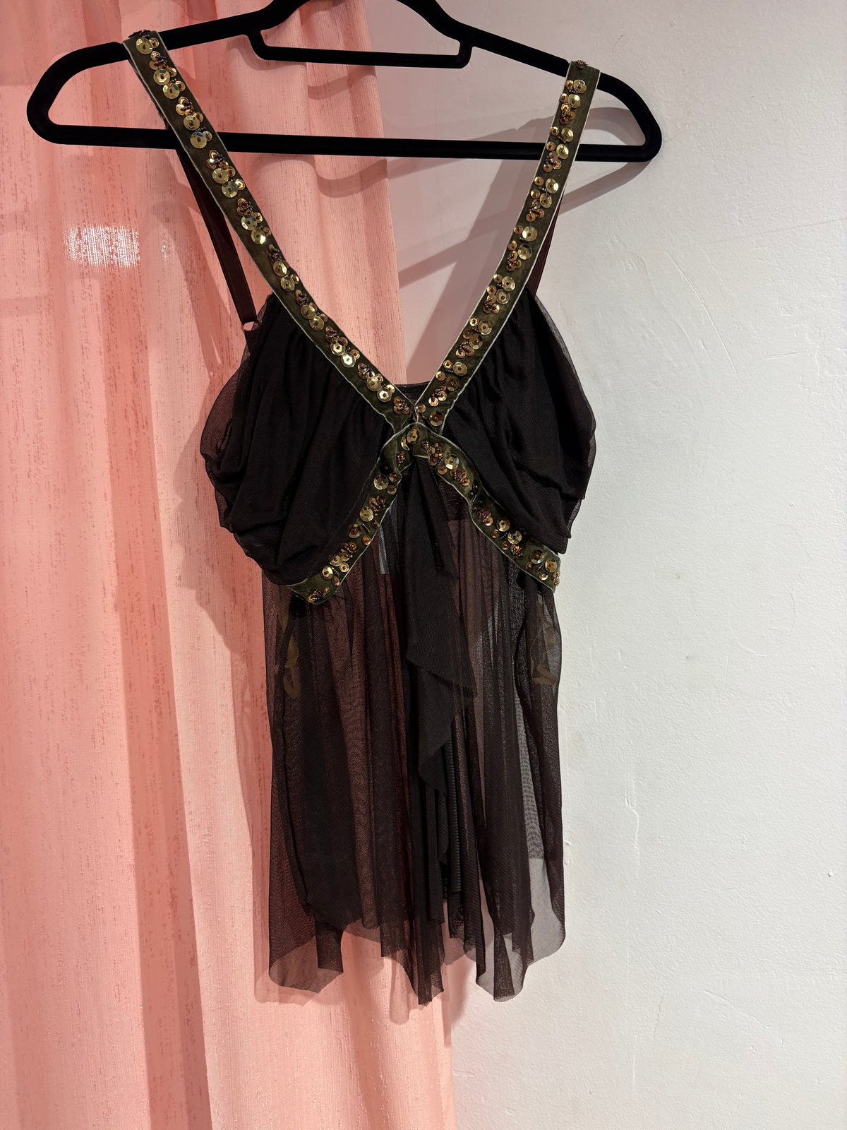 Gorgeous Positive brown mesh top with incredible sequin/bead details (M/L)