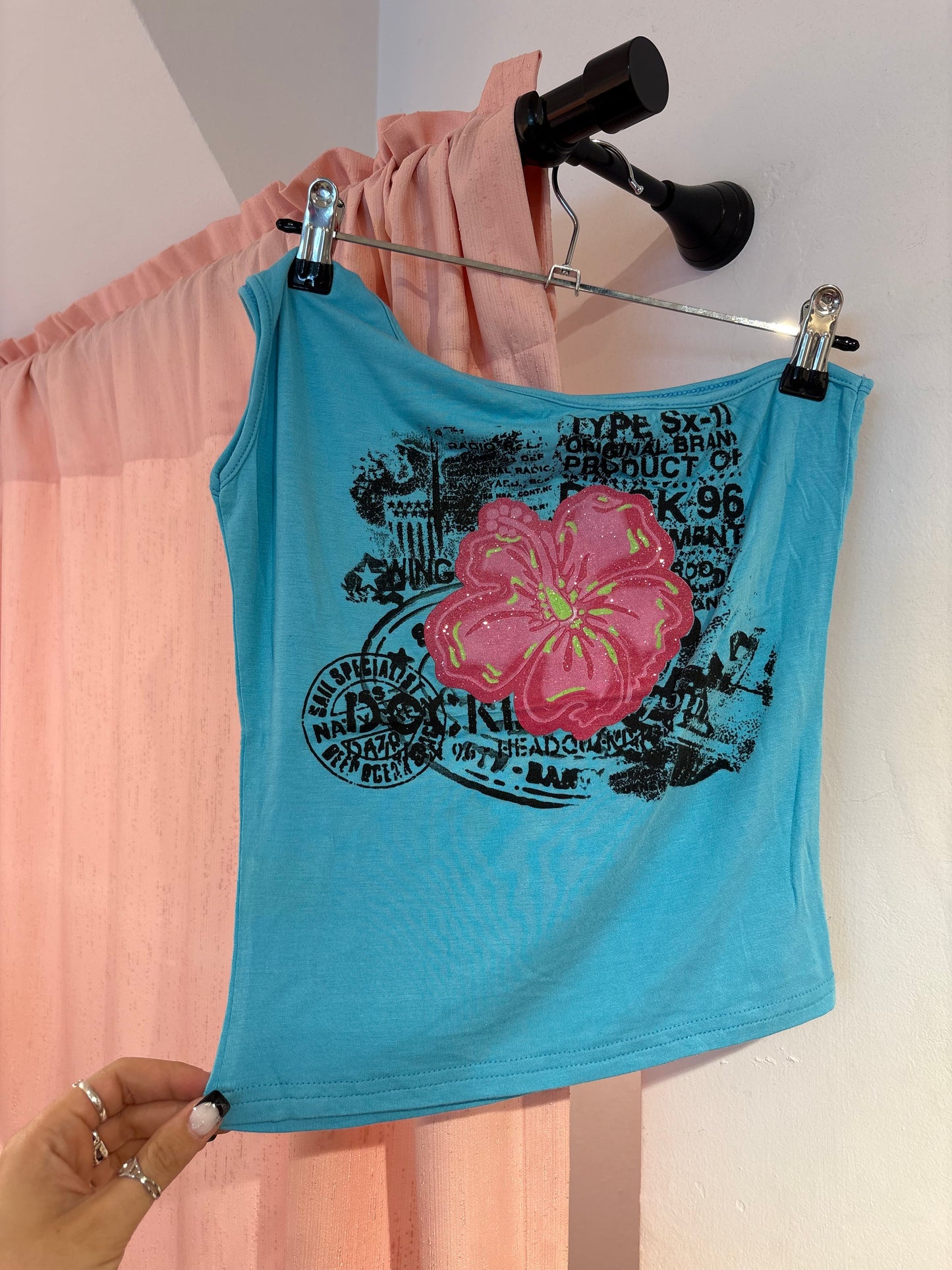 One shoulder blue top with cute hibiscus print (M)