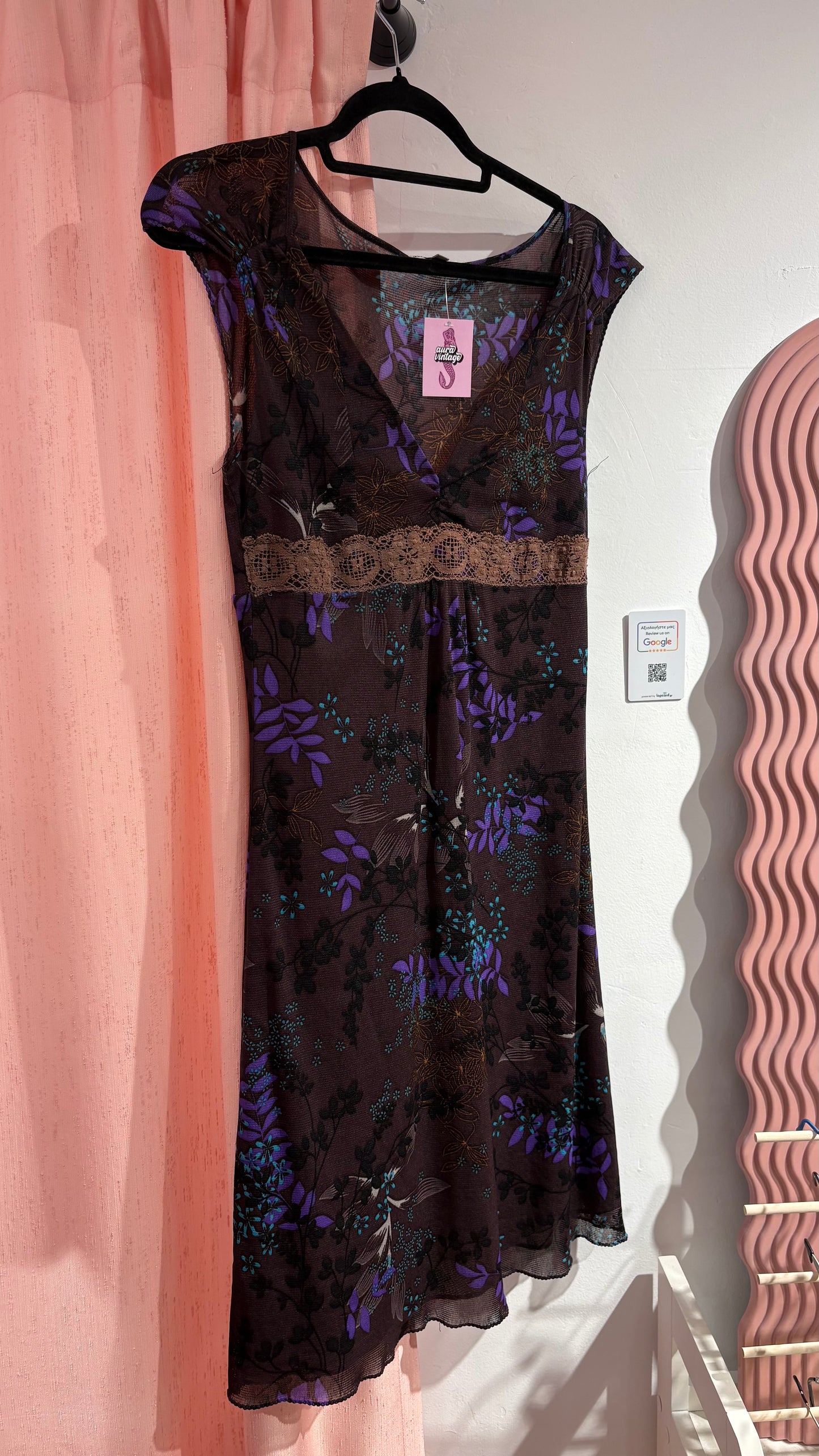 Midi floral brown/dark purple dress with lace detail (L)