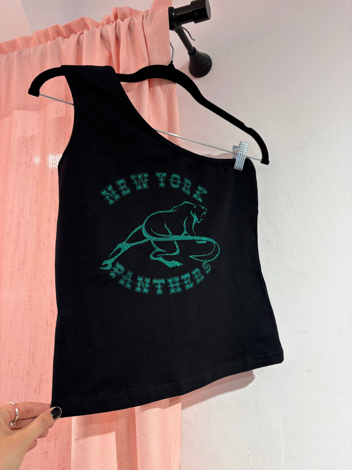 Black one-shoulder top with New York Panthers green glitter print (M)