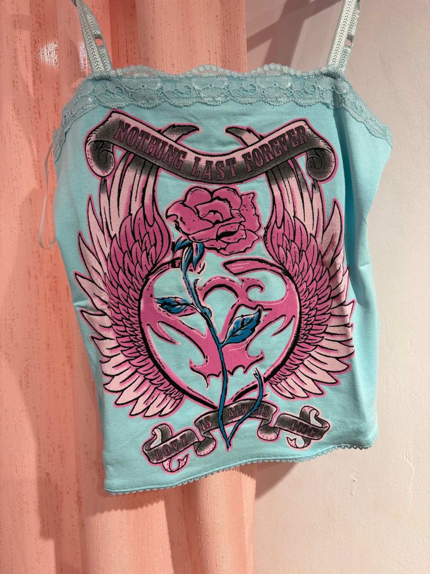 Dreamy y2k lace cami with bold graphic print (Fits S/L)