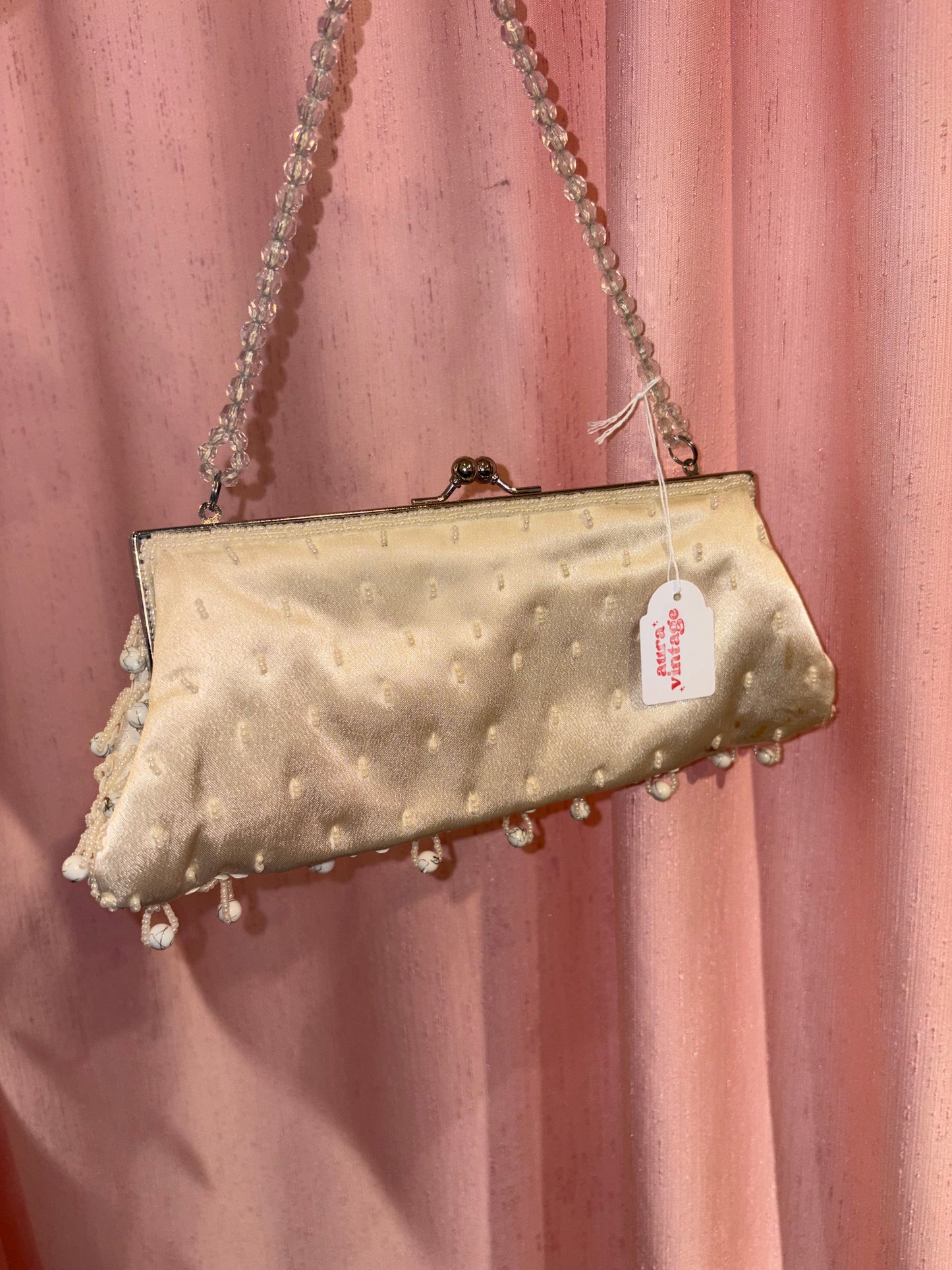 Vintage cream beaded clutch with pearl fringe & delicate chain handle