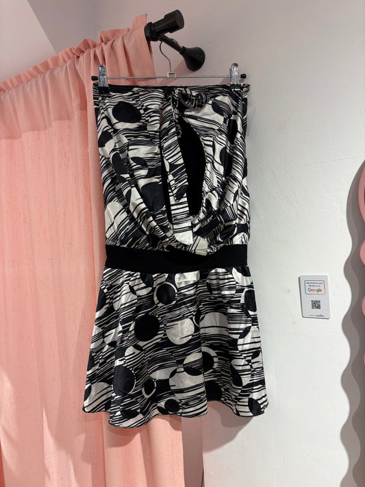Pretty satin-like black & white dress (S)