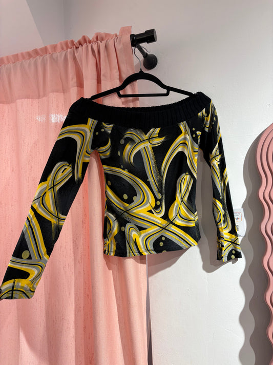 Y2k off-shoulder top with abstract yellow/black swirl print (S/M)