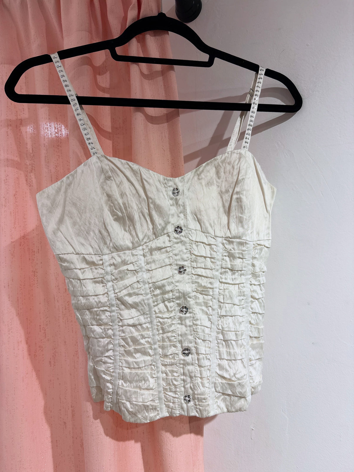 Super pretty corset-like white top with rhinestone buttons (L)