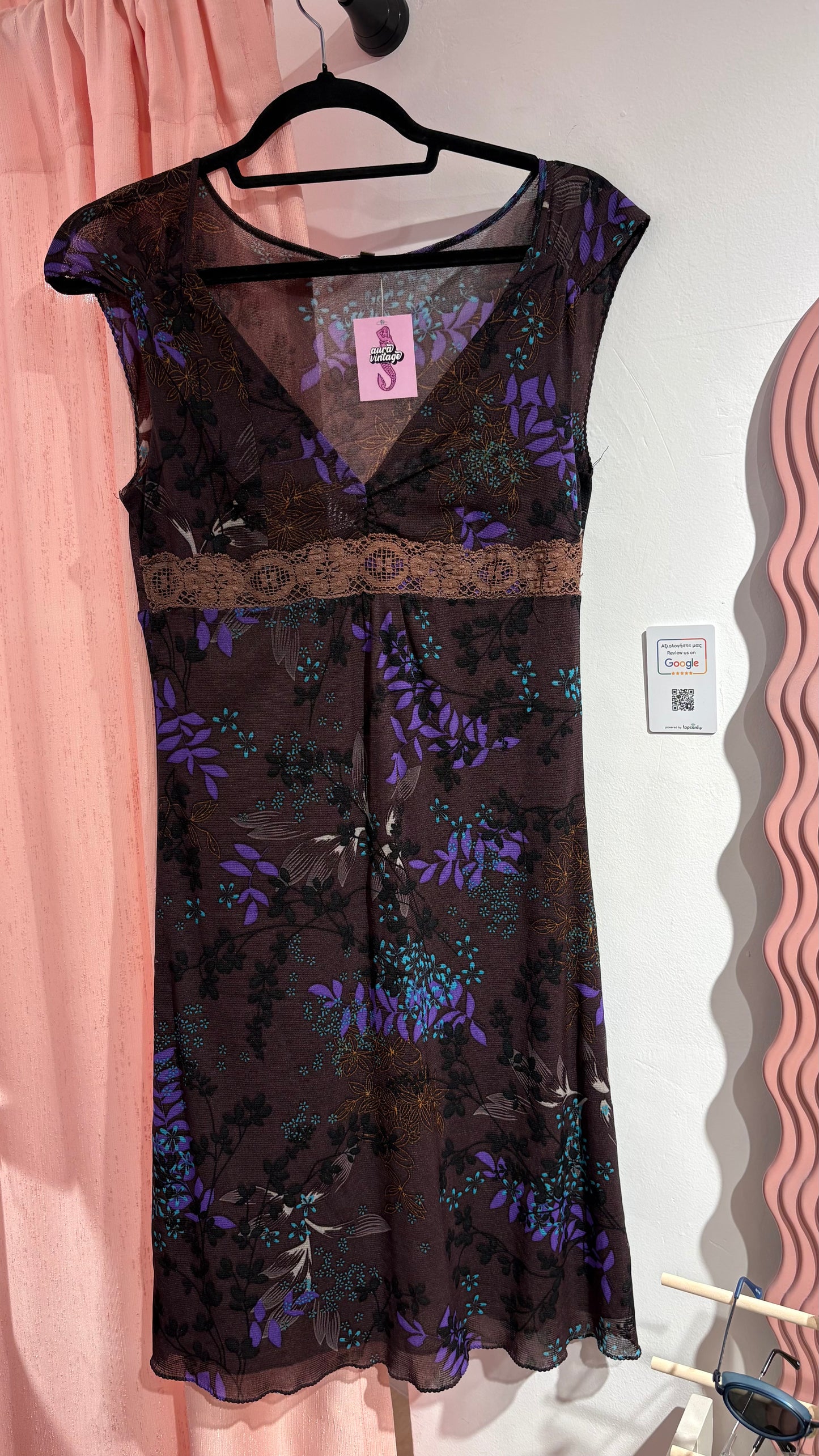 Midi floral brown/dark purple dress with lace detail (L)