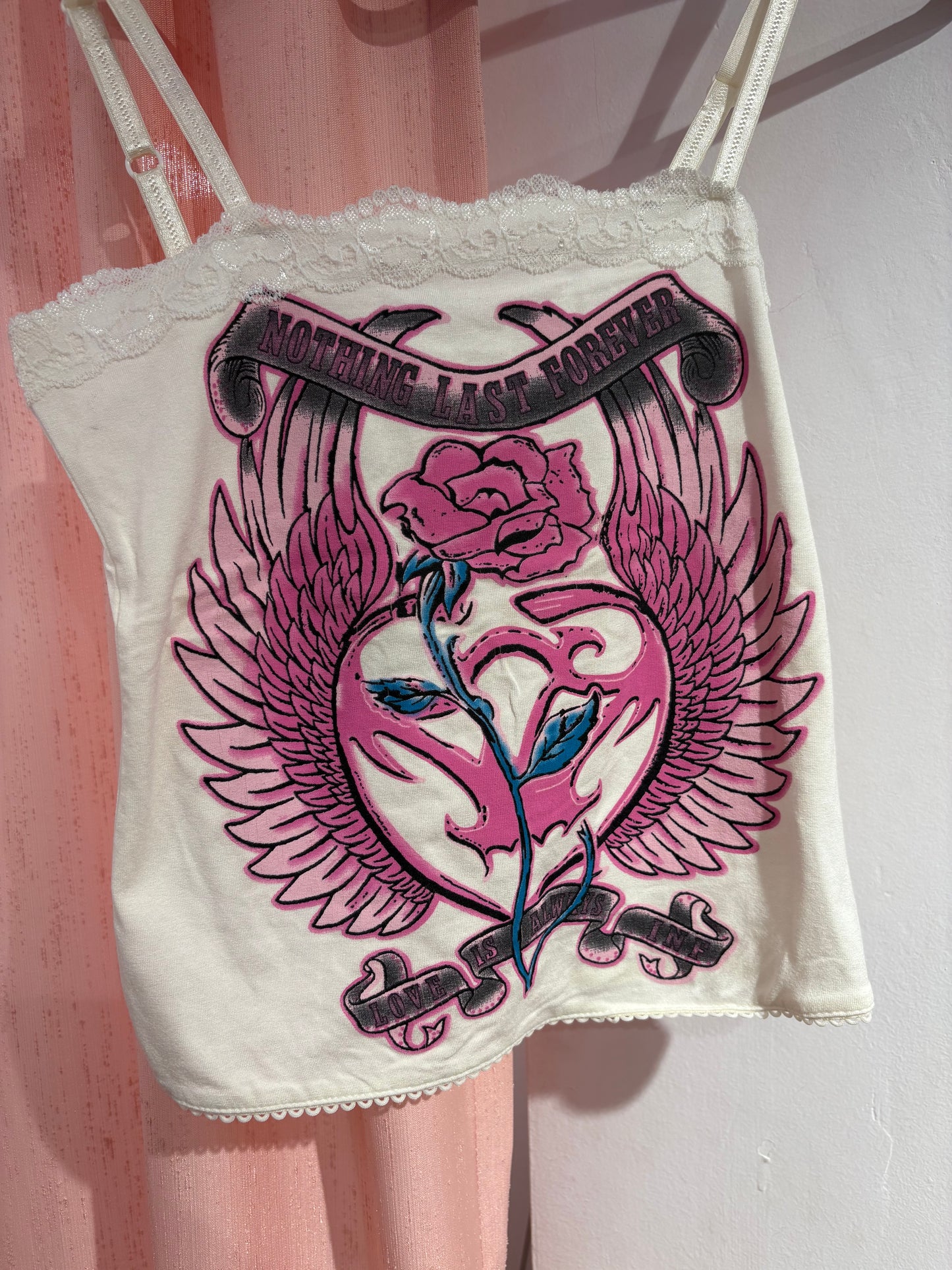 Dreamy y2k lace cami with bold graphic print (Fits S/L)
