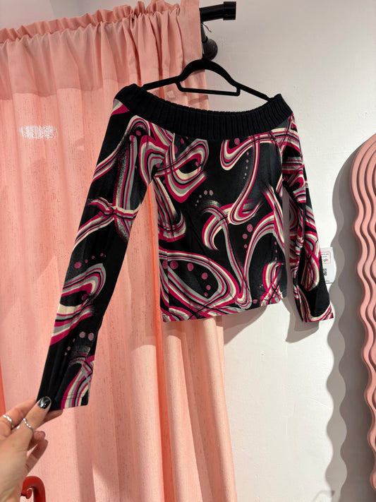 Y2k off-shoulder top with abstract fuchsia/cream swirl print