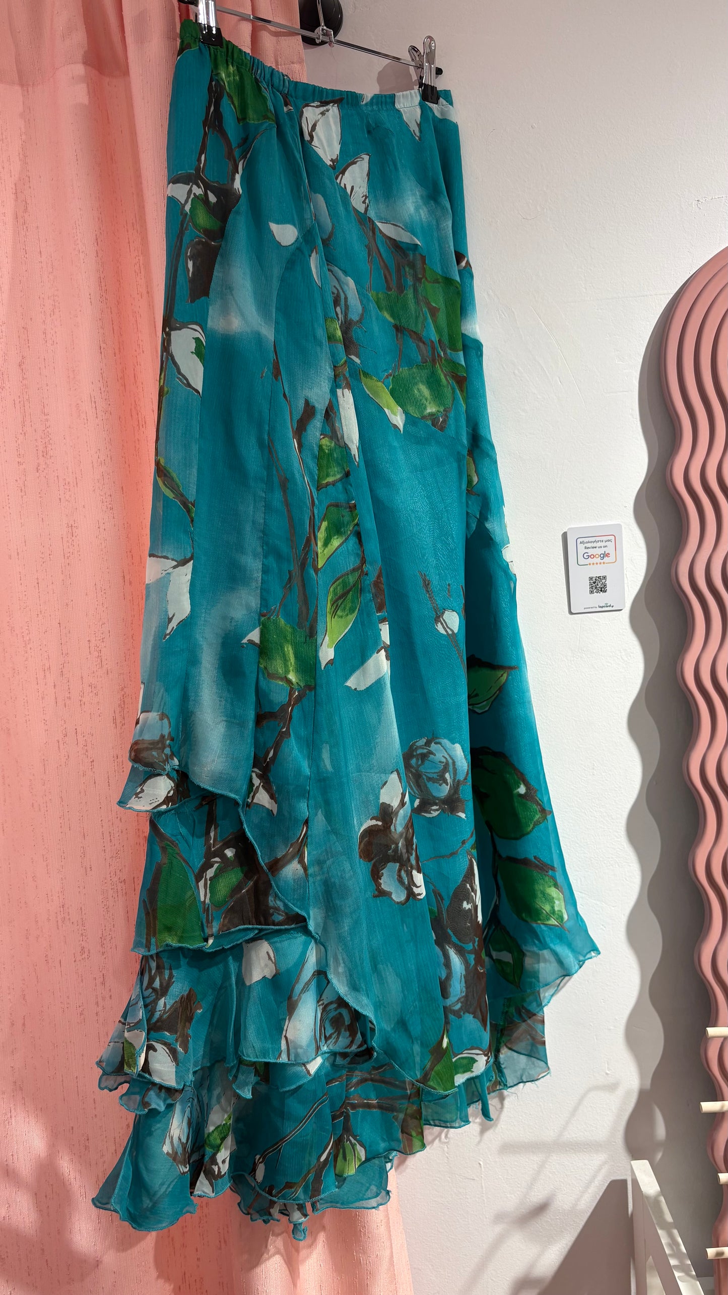 Incredible 100% silk long floral skirt with ruffle details (S)