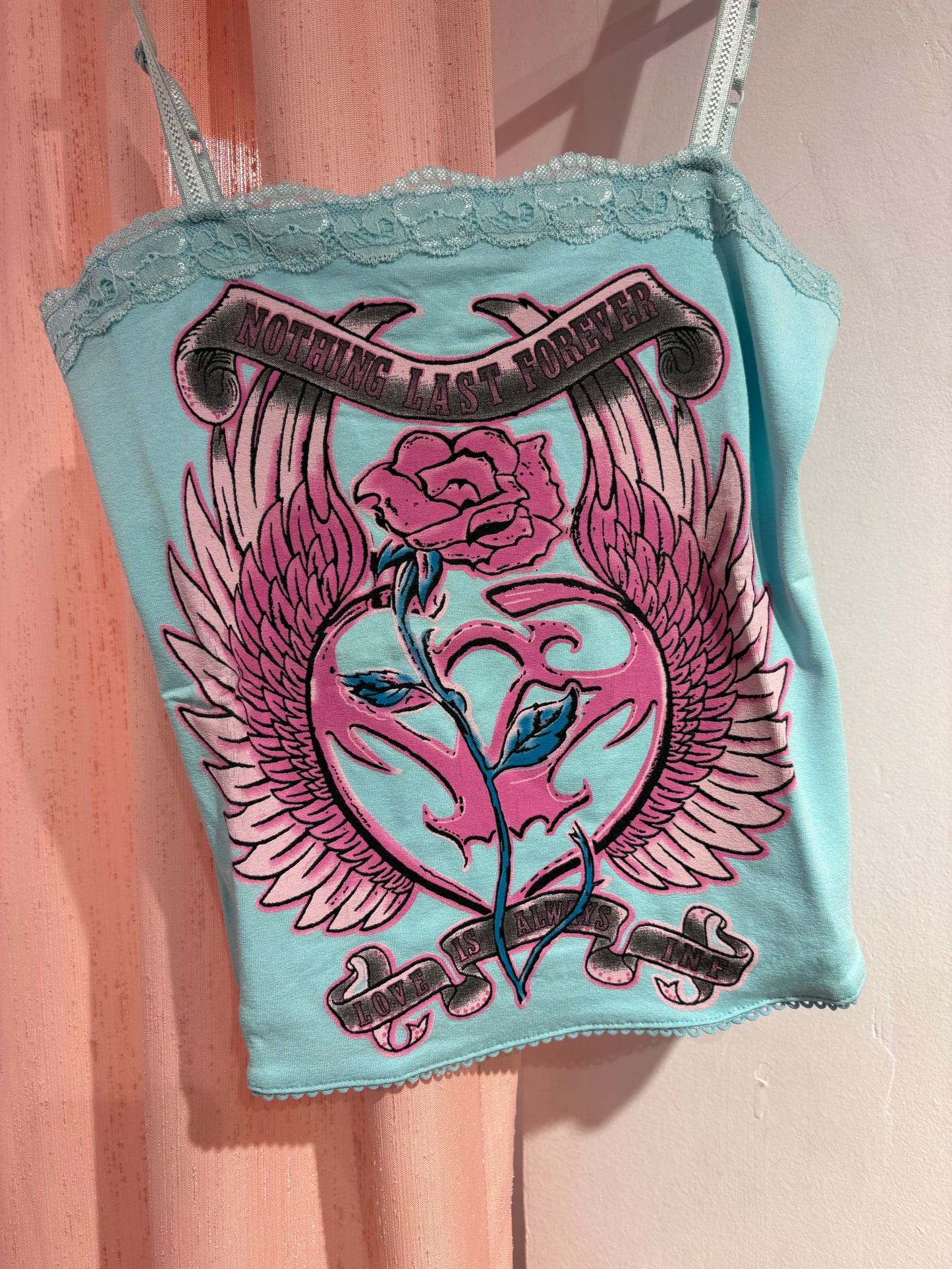 Dreamy y2k lace cami with bold graphic print (Fits S/L)