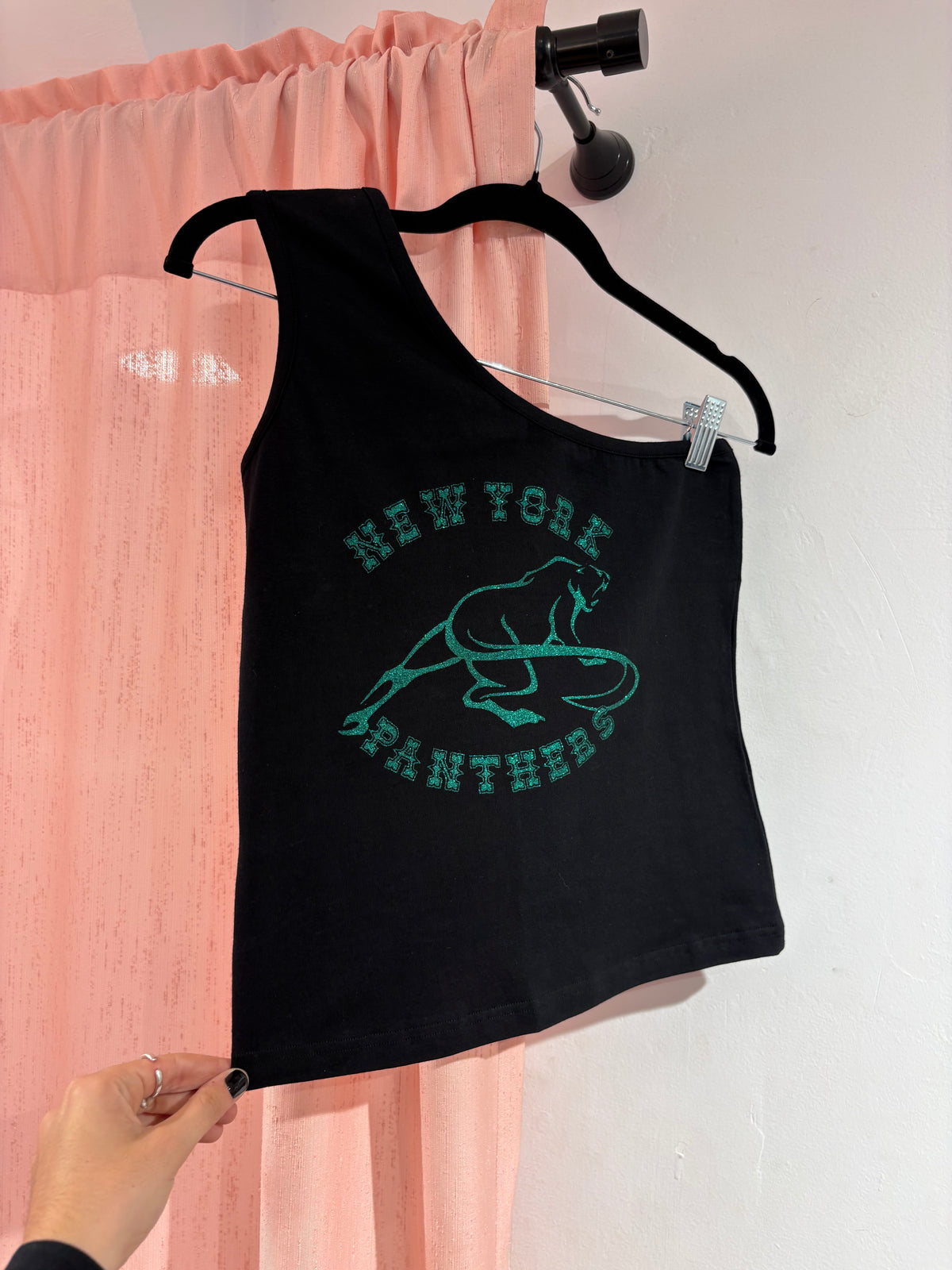 Black one-shoulder top with New York Panthers green glitter print (M)