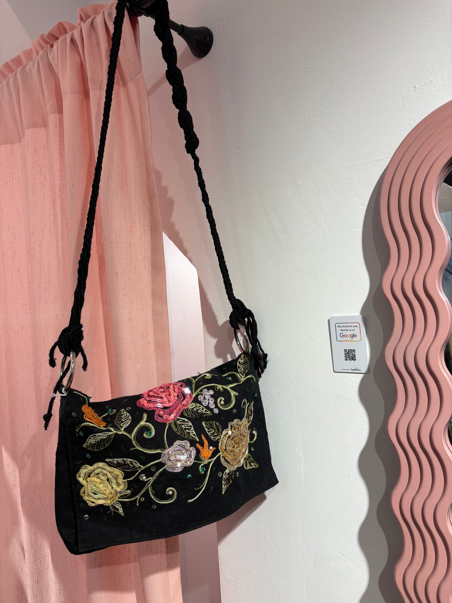 Cutest long floral embroidered sequin button-up bag