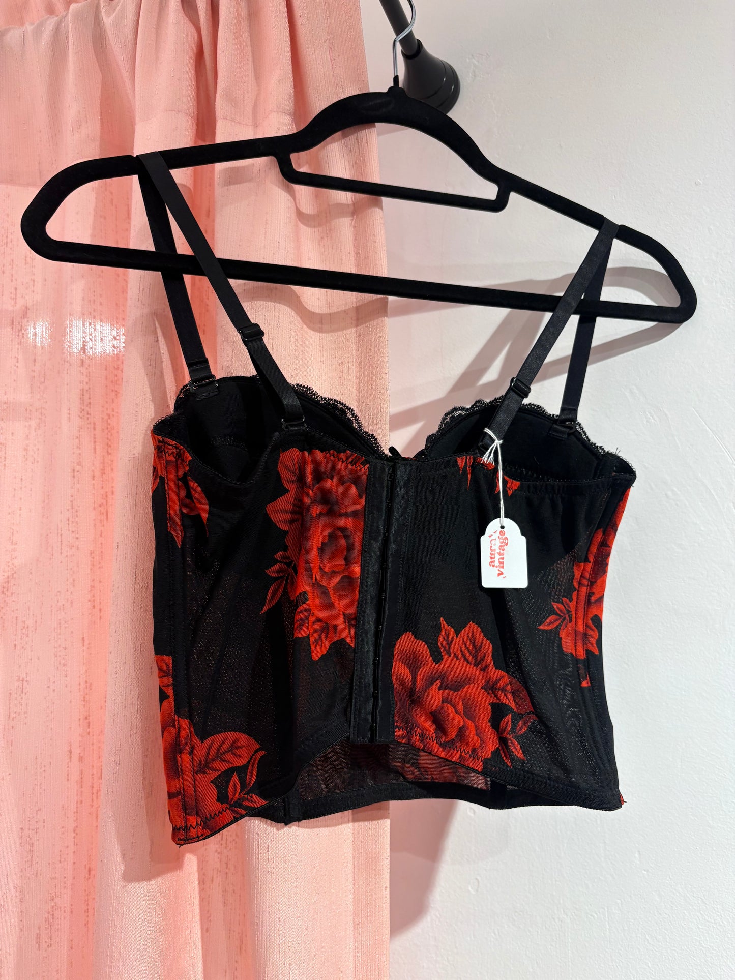 Black corset with vivid red flowers (S-M / 75B)