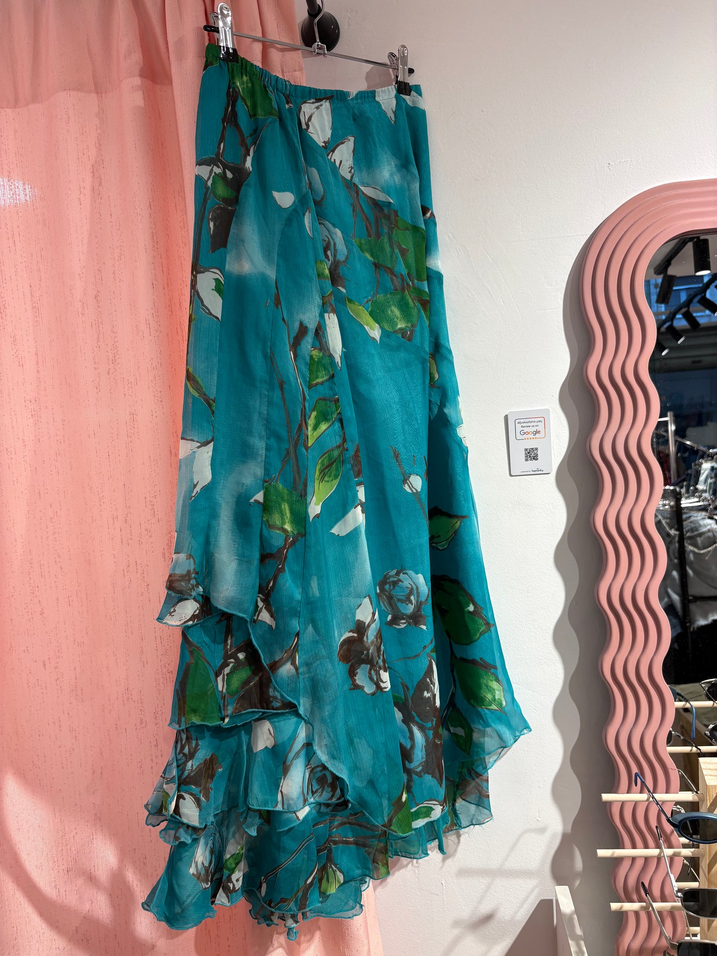 Incredible 100% silk long floral skirt with ruffle details (S)