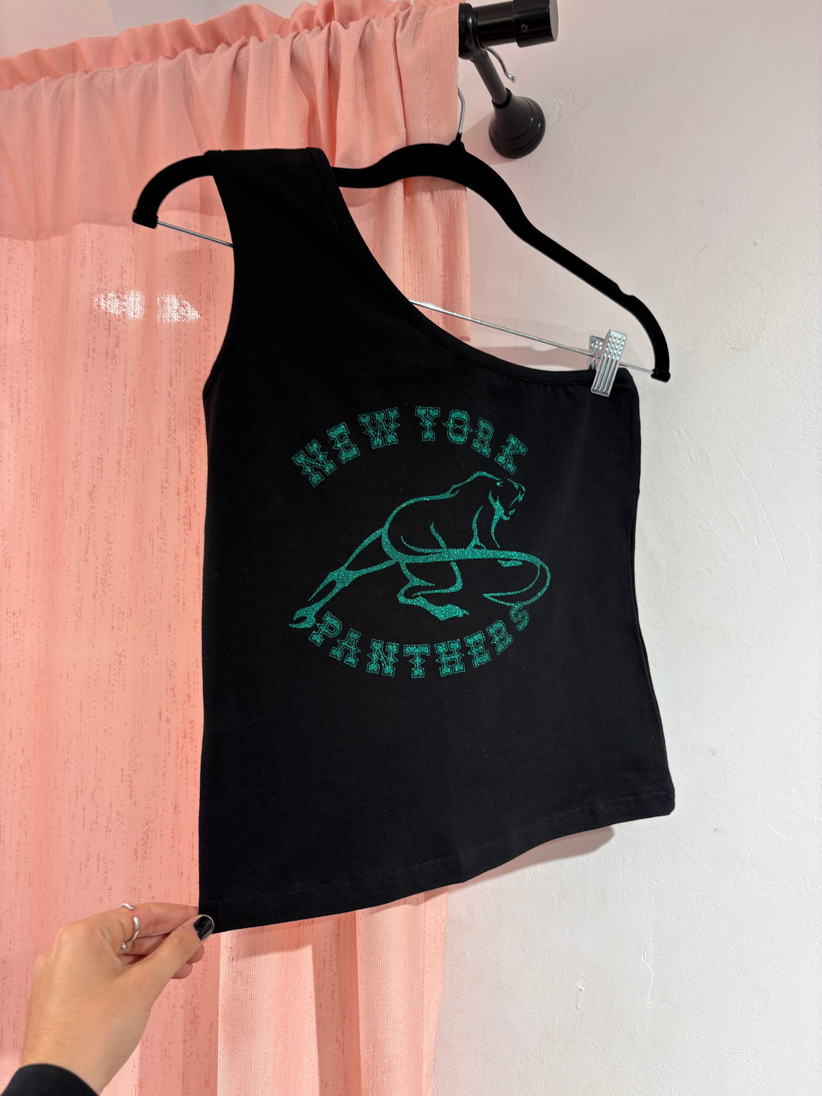 Black one-shoulder top with New York Panthers green glitter print (M)