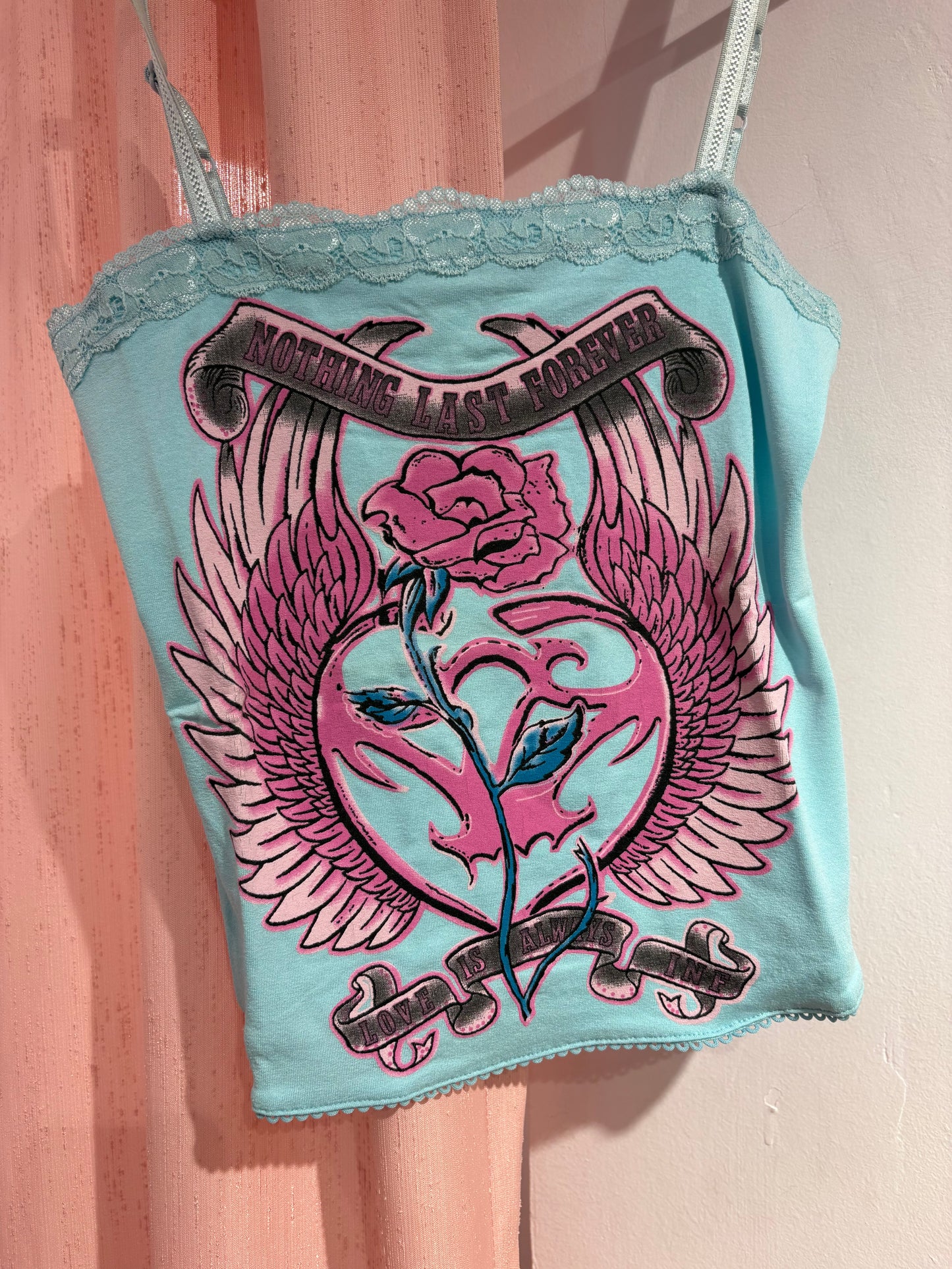 Dreamy y2k lace cami with bold graphic print (Fits S/L)