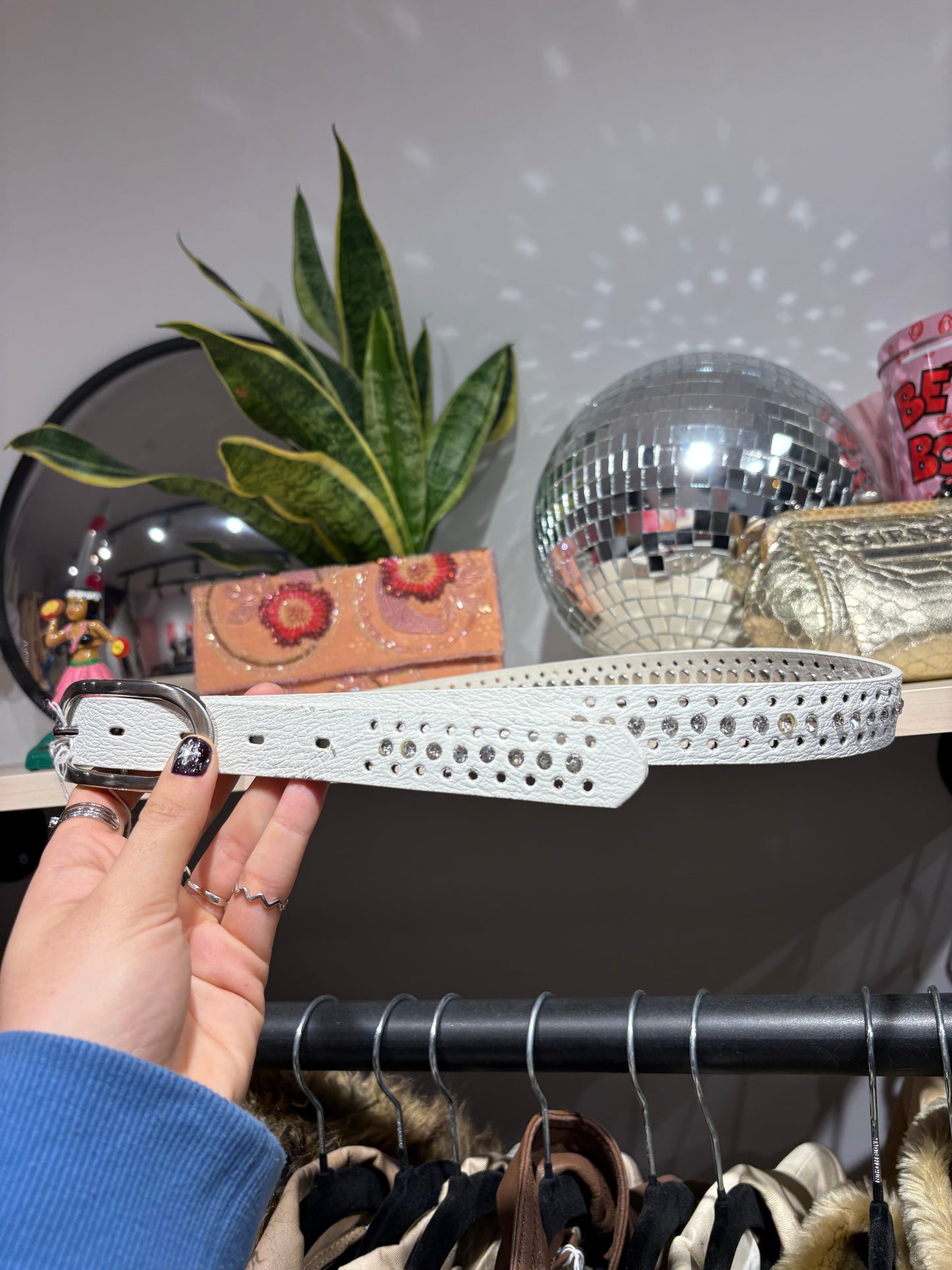 Y2k white belt with rhinestones (Deadstock)