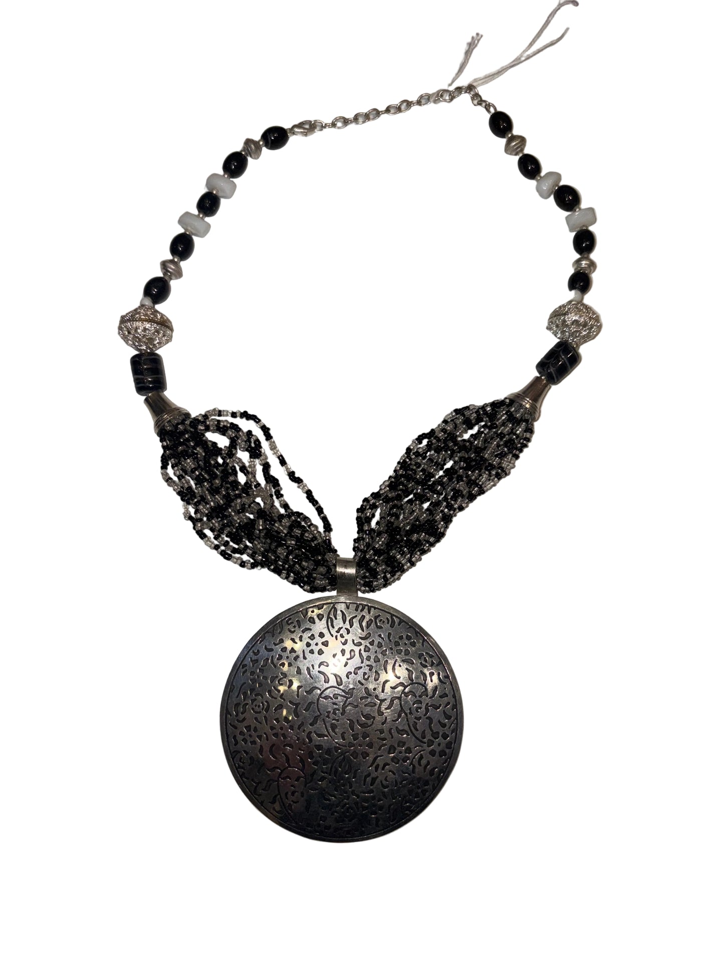 Vintage black necklace with large silver pendant